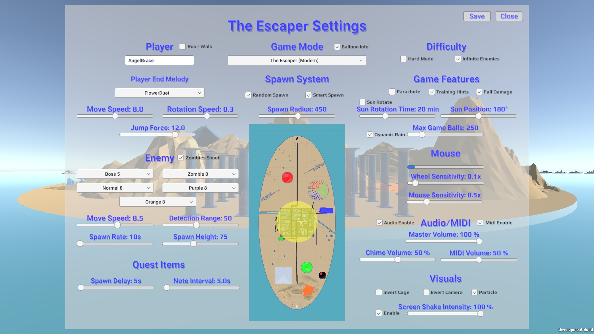 Escaper Settings panel opened with F2