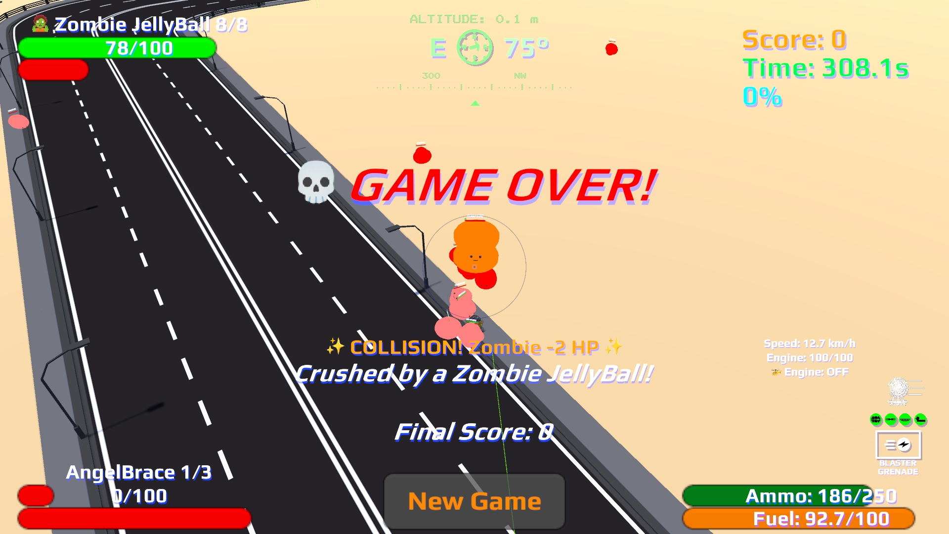 GAME OVER panel with Restart button