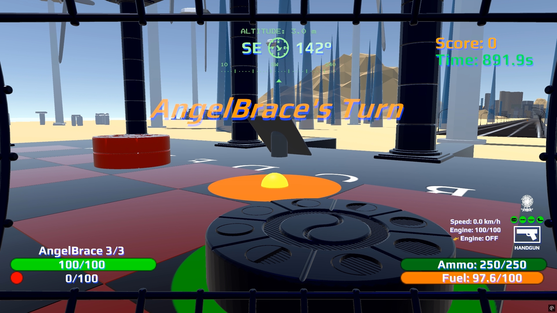 Checkers board with blue stand circle, green landing spheres, and green capture circles