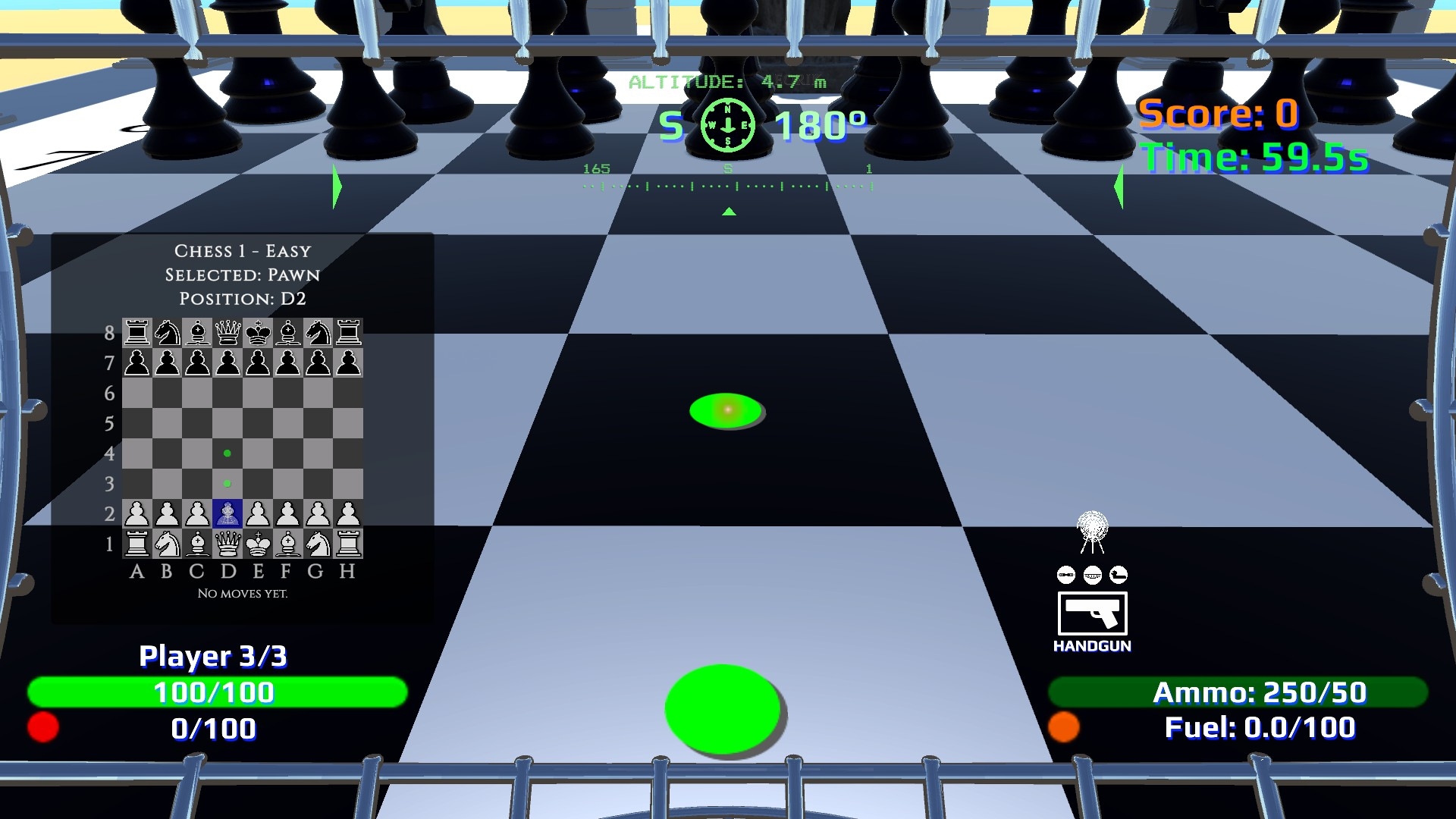 White piece selected with green legal-move highlights on the outdoor board