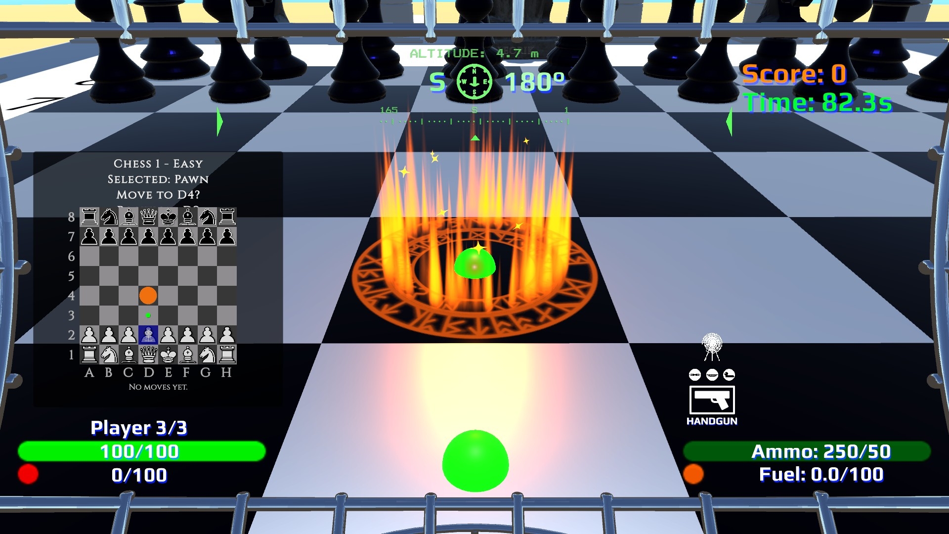 Wizard style — green orbs and orange selection aura on the pending square